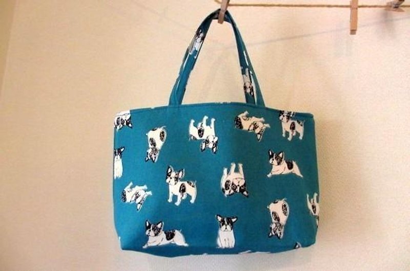 Dog of Petit handbag * French Bulldog - กระเป๋าถือ - ผ้าฝ้าย/ผ้าลินิน สีน้ำเงิน