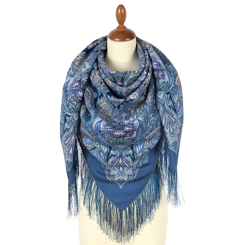 Pavlovo Posad Russian Shawl 100% Wool Scarf 125x125 cm Wrap Silk Fringe 2007-1 - 絲巾 - 羊毛 藍色