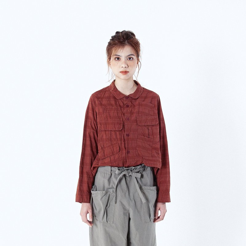 patchwork multi-pocket fine-textured shirt - เสื้อเชิ้ตผู้หญิง - ผ้าฝ้าย/ผ้าลินิน สีนำ้ตาล