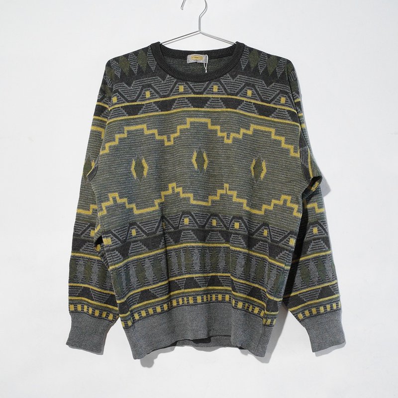 Retro sweater vintage sweater vintage sweater 55% mixed wool ethnic style knitted R00362 - สเวตเตอร์ผู้ชาย - ขนแกะ สีเทา