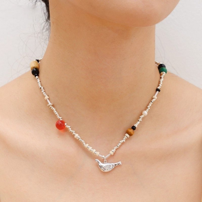 小鳥與果實項鏈 天然珍珠黑瑪瑙氣質項鏈 - 項鍊 - 其他材質 