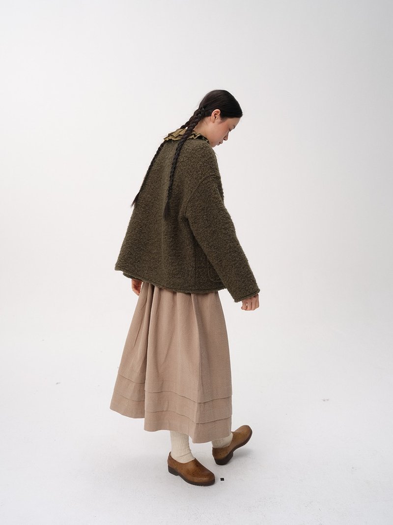 Short double-sided seaweed green circle wool short coat with scarf - เสื้อแจ็คเก็ต - ขนแกะ สีแดง