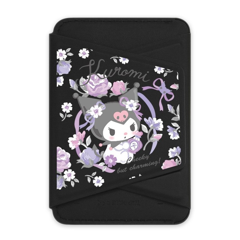 Kuromi - black holder with magnetic card holder and calfskin phone holder - ที่ตั้งมือถือ - หนังเทียม สีดำ