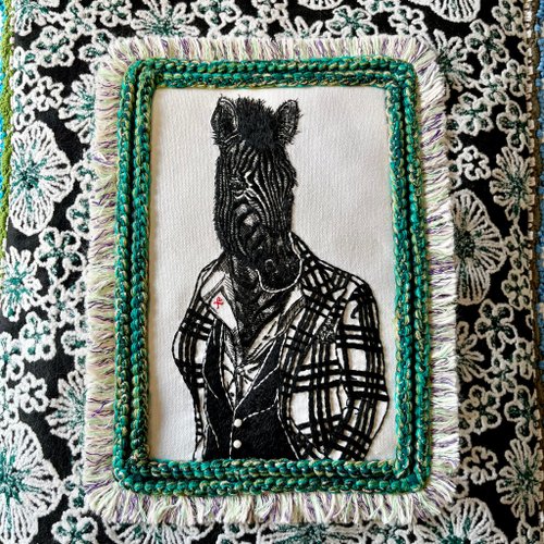 チェック柄のゼブラ 手刺繡ハンドメイドバッグ シマウマの刺繡