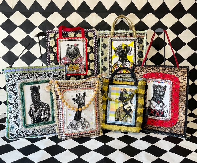 チェック柄のゼブラ 手刺繡ハンドメイドバッグ シマウマの刺繡