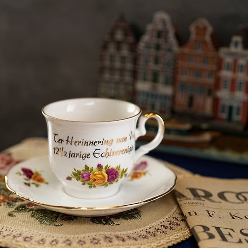 L&R 古董與珍奇老件 德國HK Bavaria銅婚紀念(12.5年)描金茶杯/咖啡杯組/結婚紀念