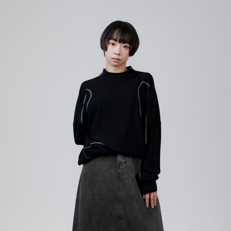 配色車線半高領上衣 - 女上衣/長袖上衣 - 聚酯纖維 黑色