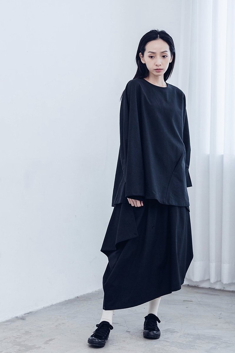 鏡像 不對稱雙面裙  (黑/灰) Organic Cotton & Recycle - 裙子/長裙 - 棉．麻 黑色