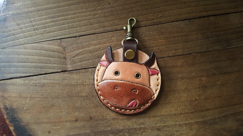 奮鬥可愛吐舌小牛牛 gogoro 鑰匙 純牛皮皮革套 - 鎖匙扣/鎖匙包 - 真皮 咖啡色