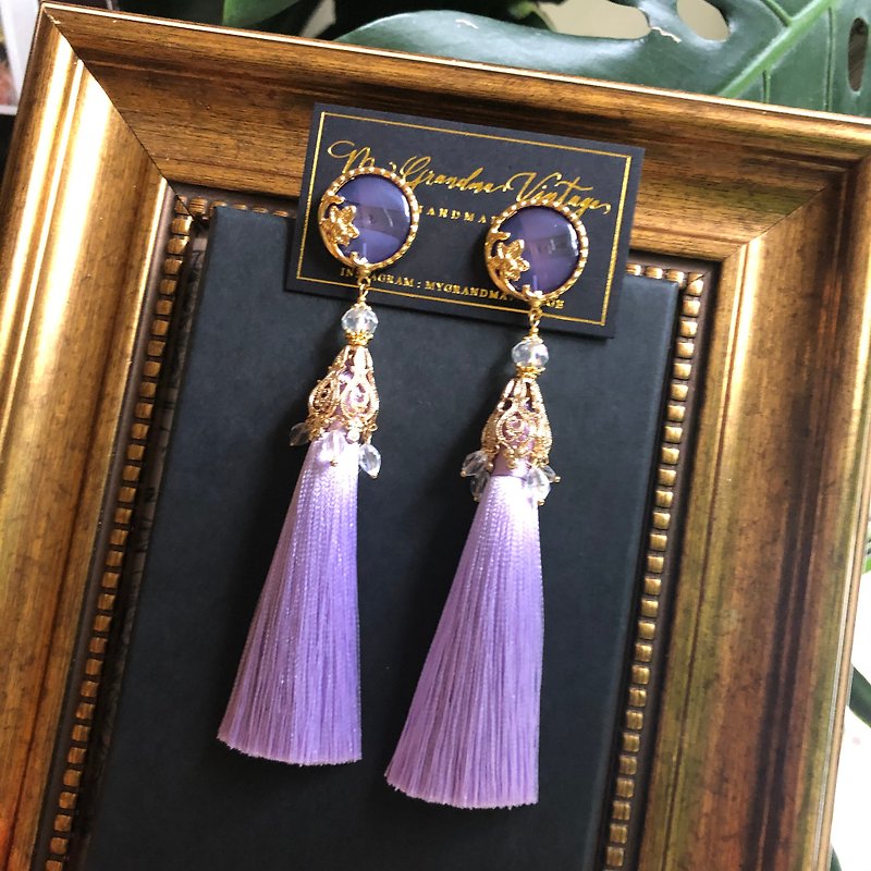 Exclusive item nostalgic button tassel earrings can be changed clip - Earrings & Clip-ons - Other Materials Purple