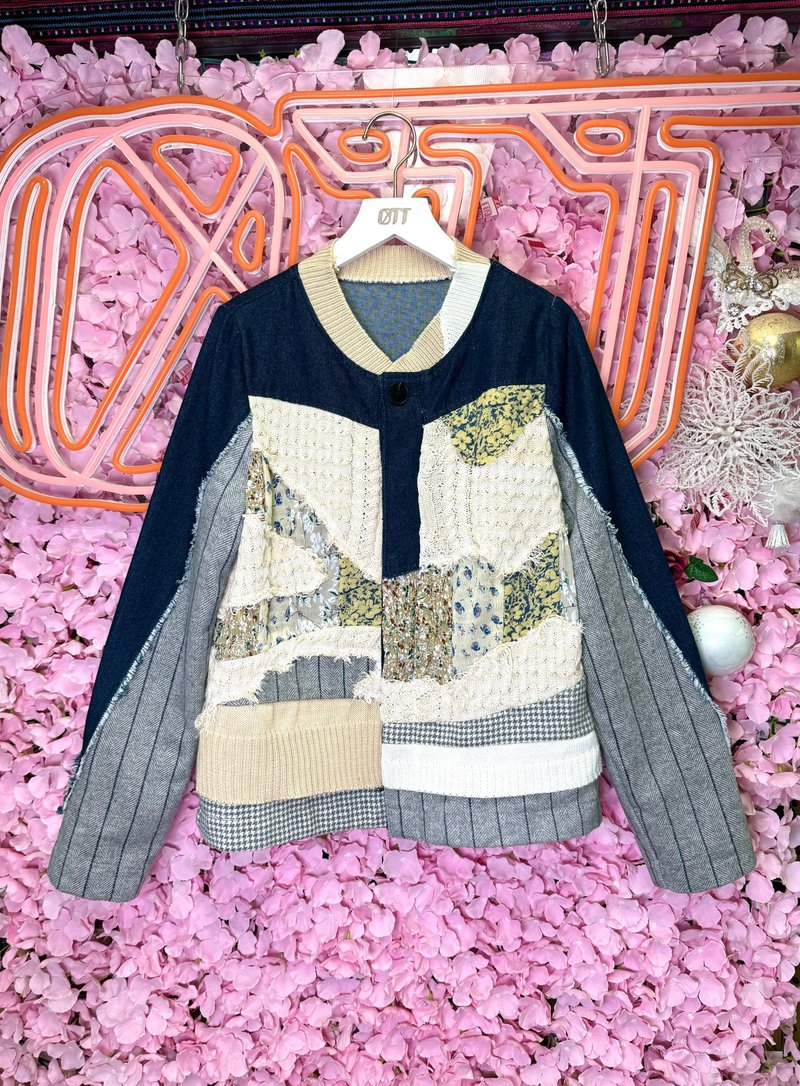 OTT only 1 piece •Japanese style wool cold floral fabric splicing faux two piece denim jacket - เสื้อแจ็คเก็ต - ขนแกะ สีน้ำเงิน