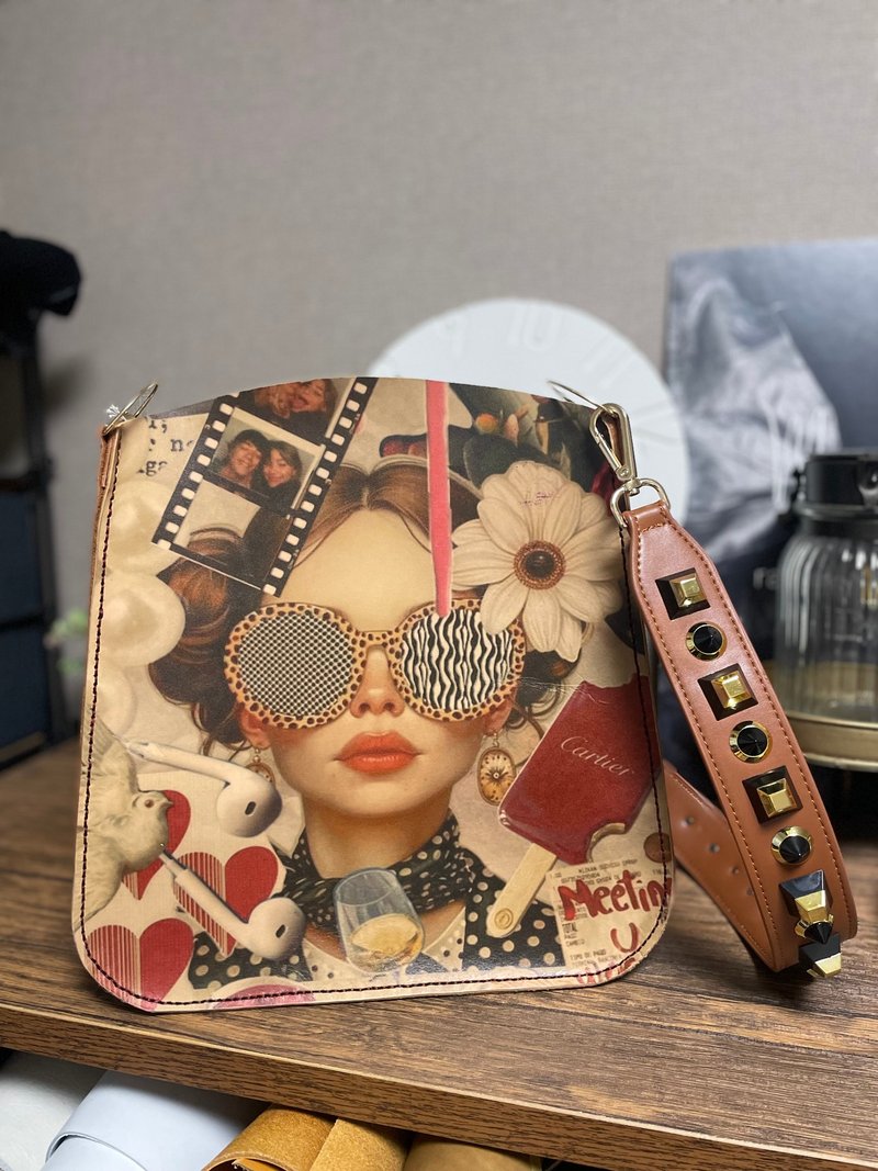 Japan Made  ファッションコラージュレザーバッグ - 側背包/斜背包 - 真皮 紅色