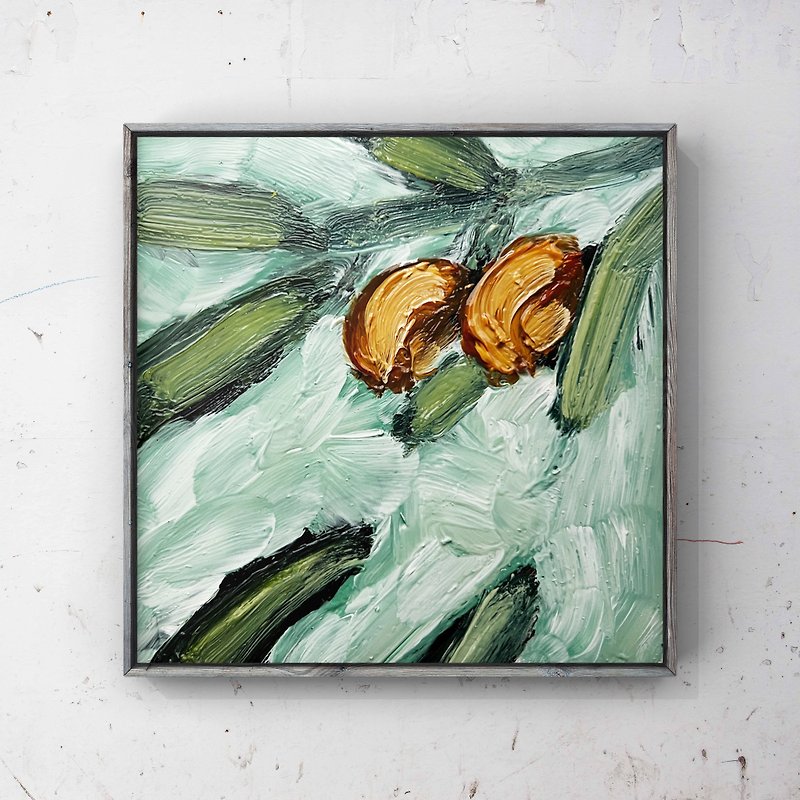 オリーブの木の枝オリジナルの油絵 4 インチ ミニチュア ウォール アート - ポスター・絵 - その他の素材 グリーン