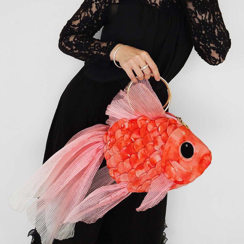 Hanabi Goldfish Bag Handbag Shoulder Bag Crossbody Bag Red Lady's Shoulder Bag Handmade - กระเป๋าถือ - ผ้าฝ้าย/ผ้าลินิน สีแดง