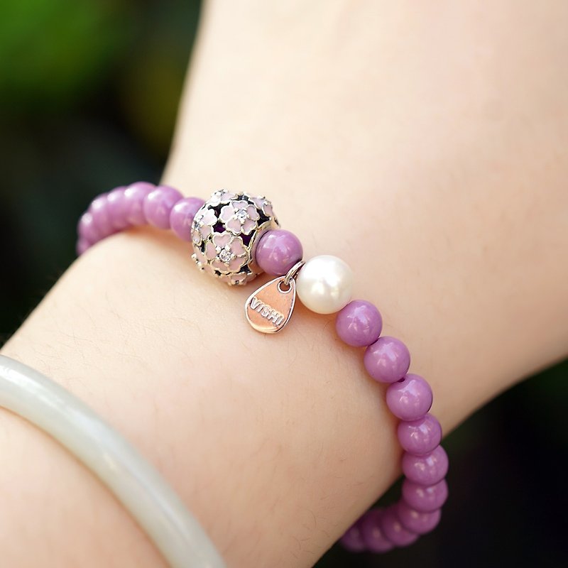 櫻花紫雲母手鏈 未時VISHI原創美國石s925純銀琺瑯花球珍珠串氣質 - 手鍊/手環 - 其他材質 