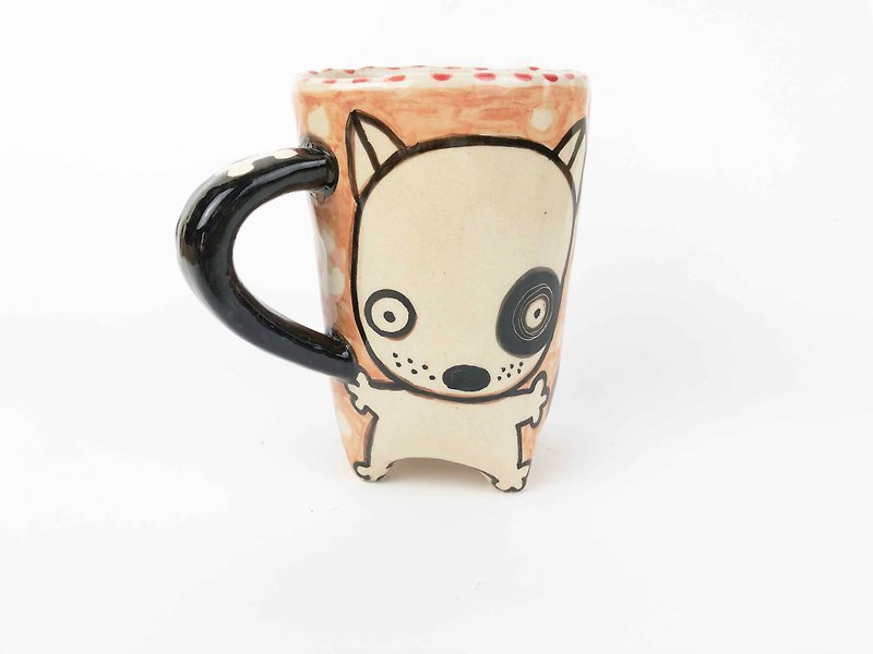 Nice Little Clay Handmade Cup Black Wheel Dog 0110-08 - Mugs - Pottery Orange