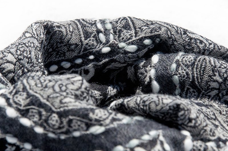 Boiled wool shawl / knit scarf / embroidered scarf / wool shawl / Kashmir Cashmere - Black - Knit Scarves & Wraps - Wool Black