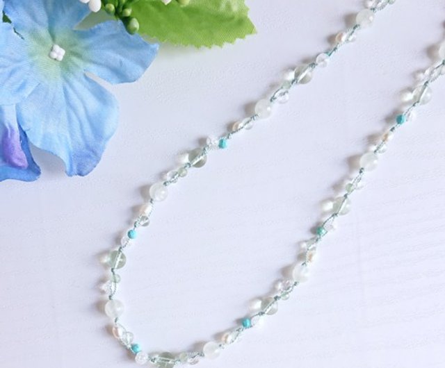 Pale blue natural stone braided necklace Y-1593 - Shop JSS