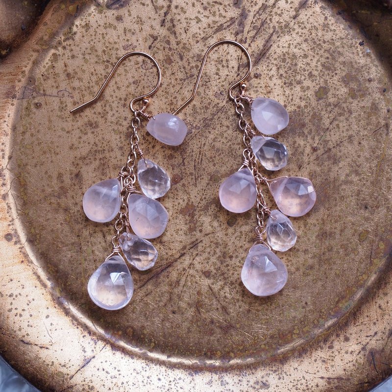 14KGF 粉晶 玫瑰石英 吊燈式水滴寶石耳環  Rose Quartz earrings - 耳環/耳夾/耳骨夾 - 水晶 粉紅色