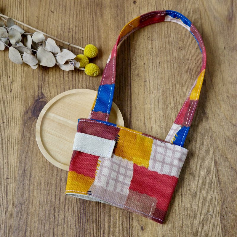 Plaid Patch Red Brown-Environmentally Friendly Cup Sleeve Beverage Bag Beverage Cup Sleeve | - ถุงใส่กระติกนำ้ - ผ้าฝ้าย/ผ้าลินิน 