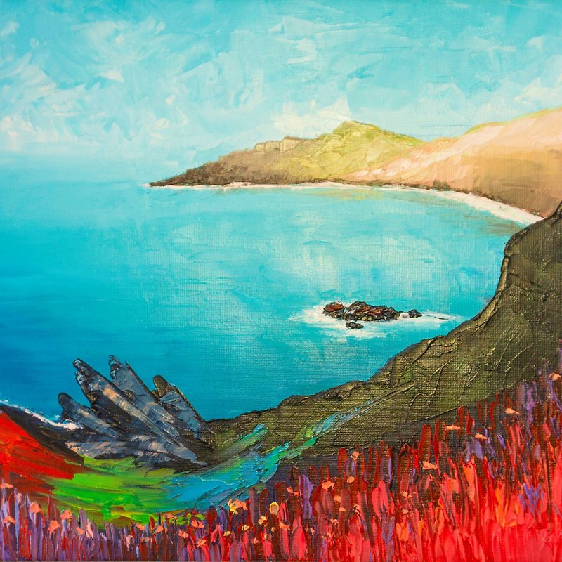 Laguna Beach Painting Seascape Original Oil Art Sunset Tropical Beach Landscape - 海報/掛畫/掛布 - 其他材質 多色