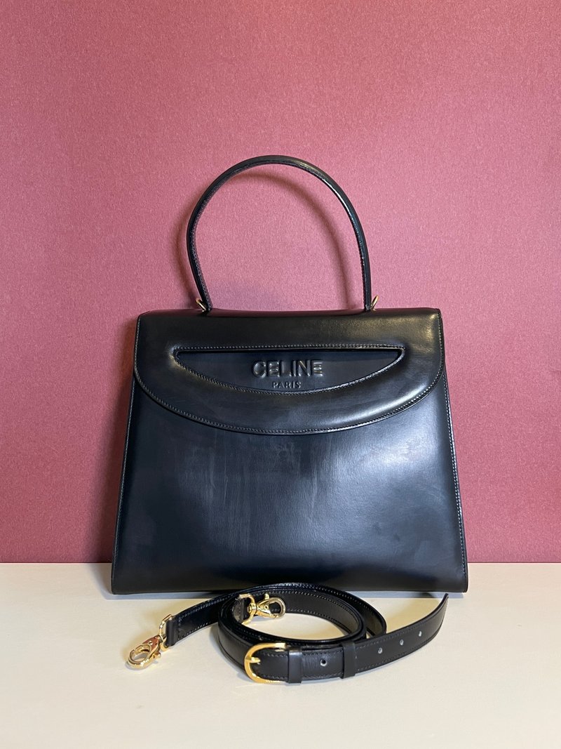 Celine席琳獨特開蓋設計黑色皮革中古手提袋肩背包 日本vintage - 側背包/斜背包 - 真皮 黑色