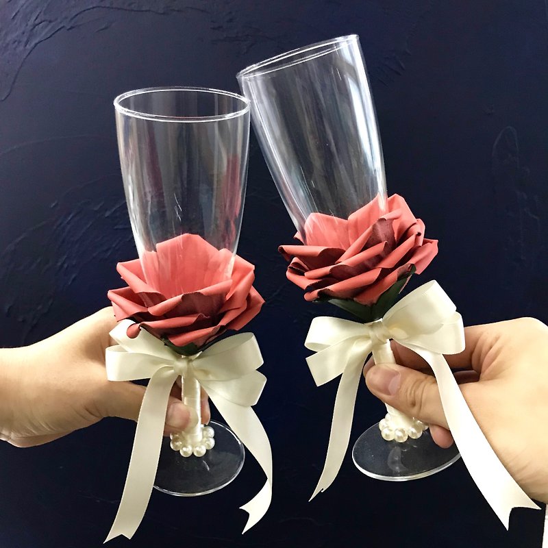 Living Coral Leather Rose Wedding Wine Glasses - Bar Glasses & Drinkware - Genuine Leather Orange