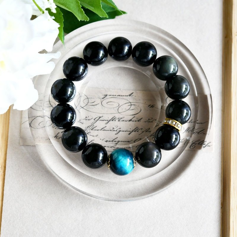 数量限定　ブルータイガーアイとレインボーオブシディアンのブレスレット 大粒 - 手鍊/手環 - 半寶石 黑色