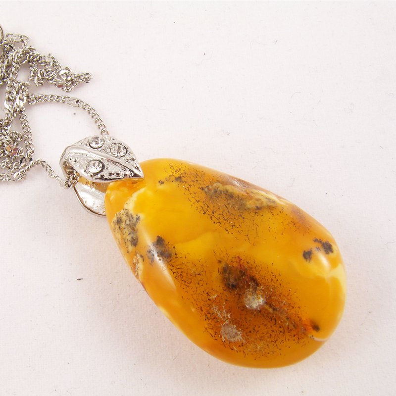 Amber Pendant Necklace Genuine Real Amber Yellow Teardrop Boho Necklace Jewelry - 項鍊 - 半寶石 黃色