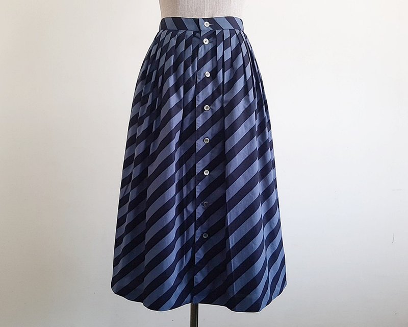 24 Waist Vintage Blue Gray Black Striped Skirt Womens Cotton Midi Skirt XS - 裙子/長裙 - 棉．麻 黑色