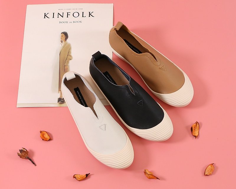 Super soft leather instep open back shell shoes casual shoes milk tea color black white - รองเท้าลำลองผู้หญิง - หนังแท้ 