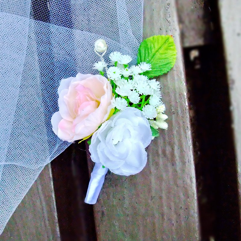 Wedding Boutonniere Silk Wedding Boutonniere Groom buttonhole, Groomsmen B014) - เข็มกลัด/ข้อมือดอกไม้ - ผ้าไหม สึชมพู
