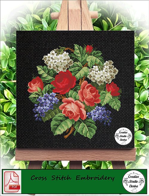 CreativeStudioElenka Vintage Cross Stitch Scheme Roses and lilacs - PDF Embroidery Scheme
