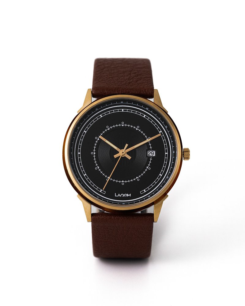 SJÖ LW-035 金色錶殼黑色表面啡色真皮錶帶 - 男裝錶/中性錶 - 其他金屬 金色