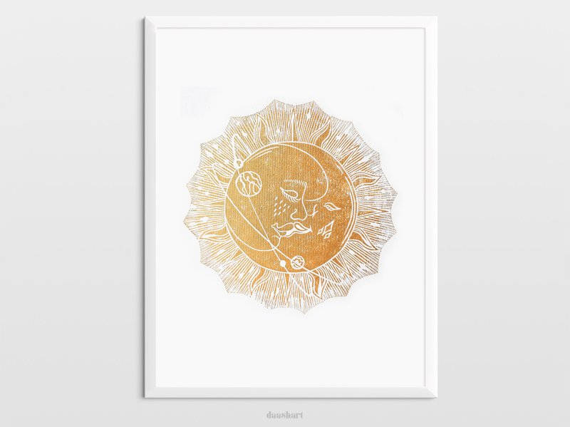 自由奔放に生きるムーンサンアートゴールドキスオリジナルアートワークリノカットプリントモダンポスター - ポスター・絵 - 紙 ゴールド
