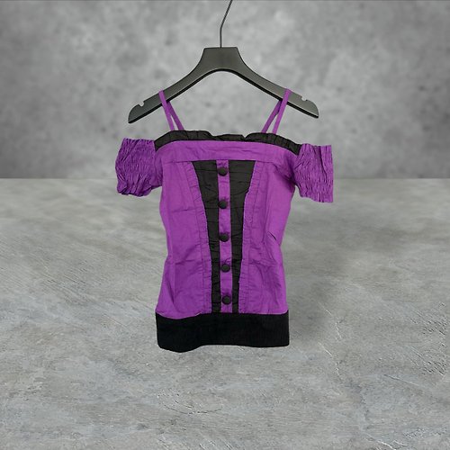 蘿綺莉蕾芭索 二手 紫黑配色 略挺 拼接 鬆緊背 彈性 合身 短袖 上衣 PF424