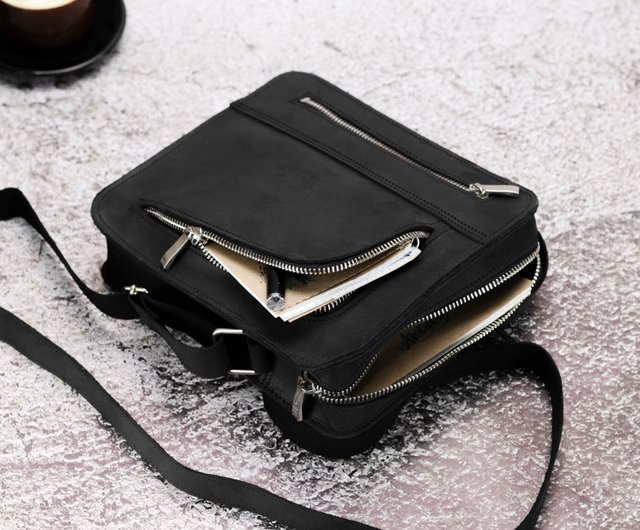 Mens Mini Messenger Bag. Black Leather Shoulder Bag 