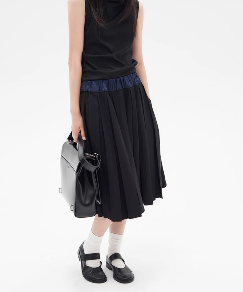 Japanese style minimalist patchwork waistband commuter skirt - Skirts - Other Materials Black