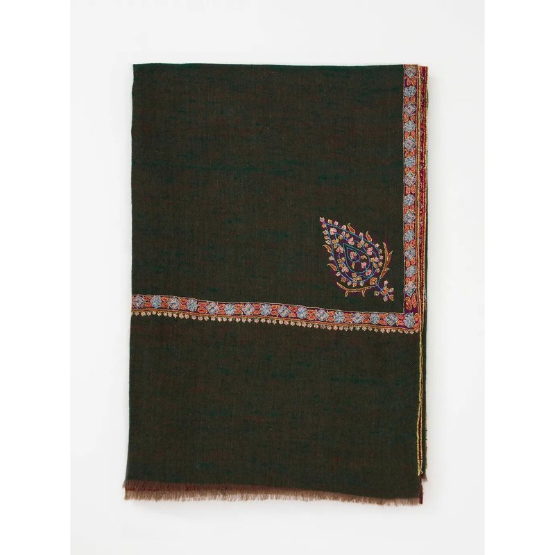 Red and Green Reversible Hand-Embroidered Kashmiri Shawl, 100% Pashmina Wool - Knit Scarves & Wraps - Wool Green