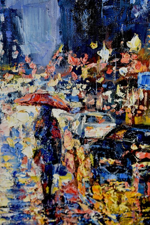 ニューヨーク雨のNYCオリジナル絵画ストリートシティガール傘