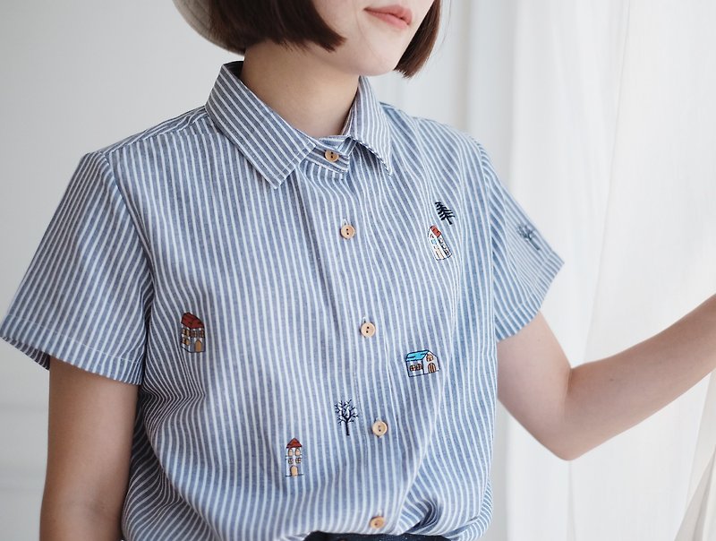 Home Shirt 家 : Blue 青 - トップス - 刺しゅう糸 ブルー