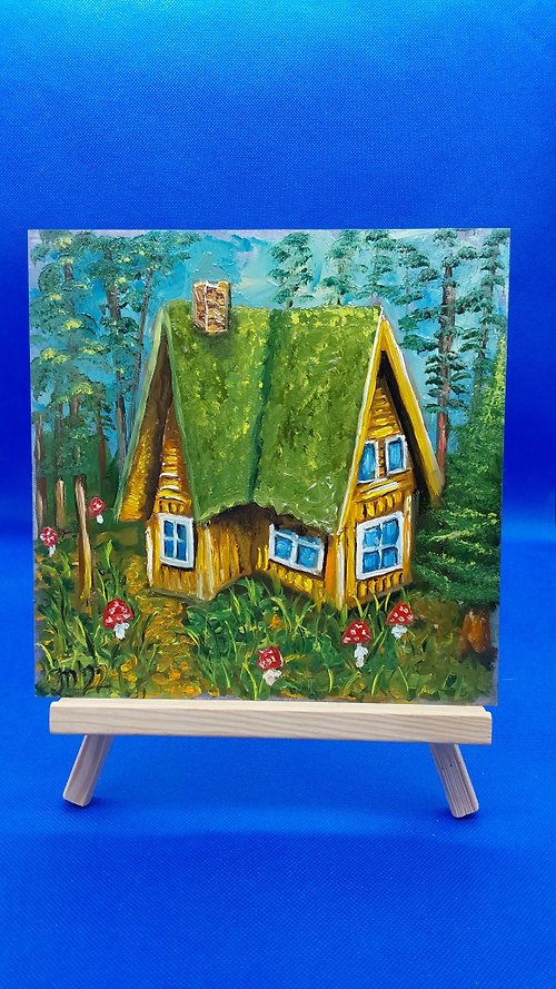 CosinessArt Funny Fairytale Forest House #3 Painting, handmade, oil painting for the nursery