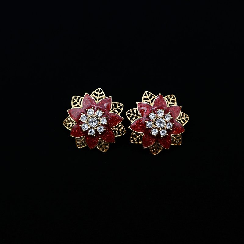Pumpkin Vintage. Vintage safflower gold leaf rhinestone pin earrings - ต่างหู - วัสดุอื่นๆ สีแดง