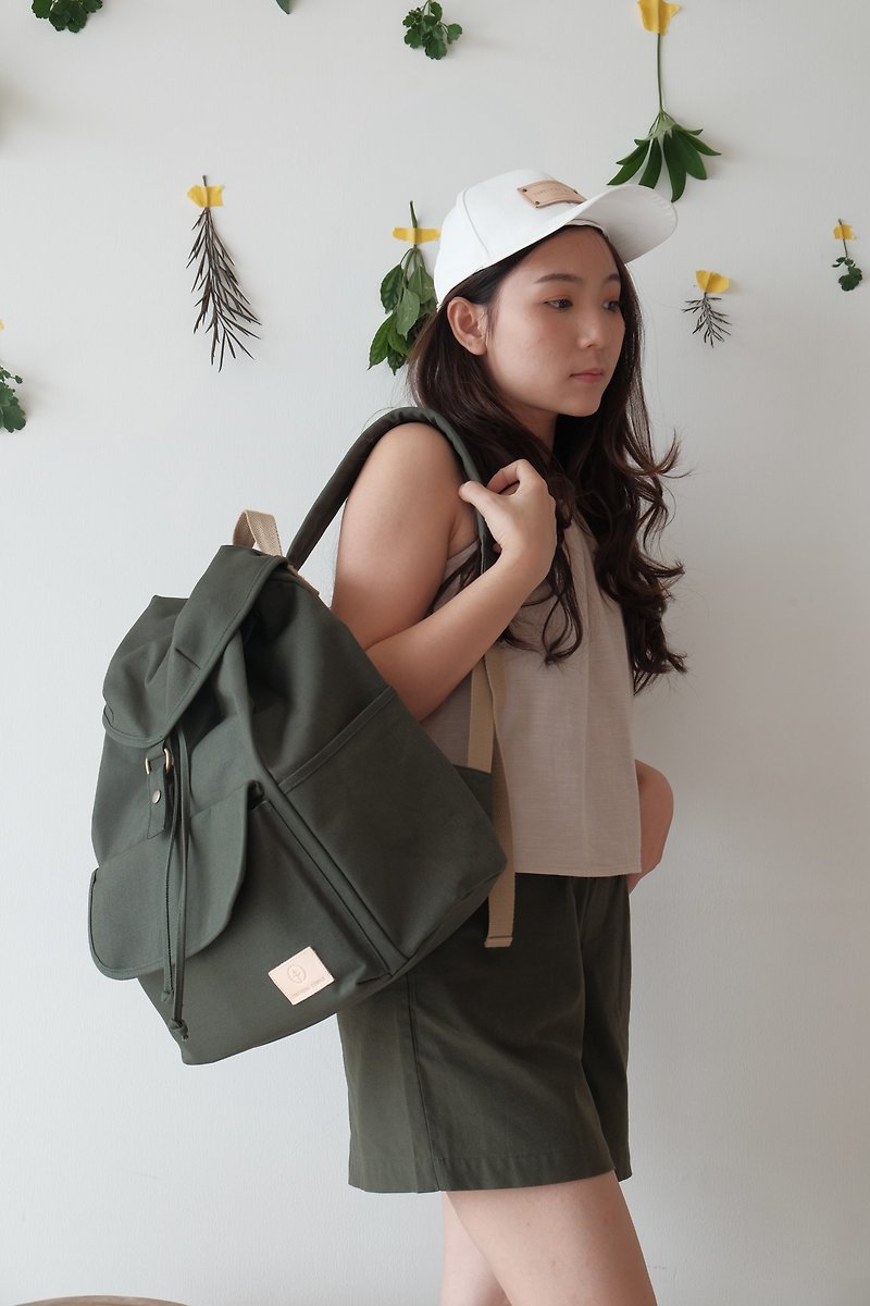 GET AWAY  - canvas backpack with front pocket (green) - Backpacks - Cotton & Hemp Green