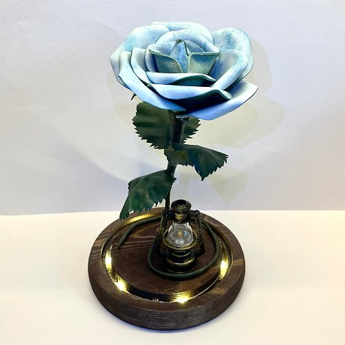 Sakura Store 【客製化禮物】皮革玫瑰花 | 藍色擦臘皮 | 玻璃瓶連發光木底座