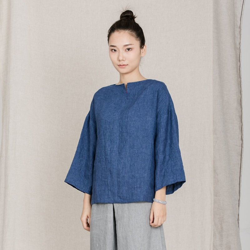 BUFU indigo linen oversized shirt SH161020 - シャツ・ブラウス - コットン・麻 ブルー