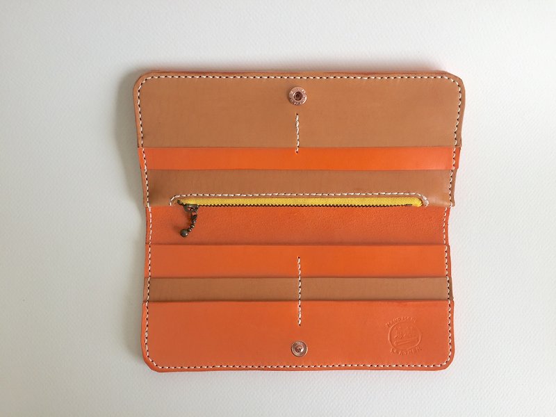 Spring is full of long clip _ leather hand-stitched Bright handcraft wallet - Wallets - Genuine Leather Orange