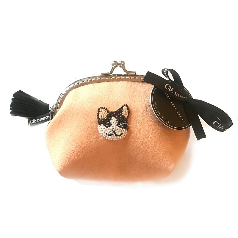 短毛貓咪縫珠手工限量拱型口金包（此款含鍊子） - 零錢包/小錢包 - 聚酯纖維 橘色