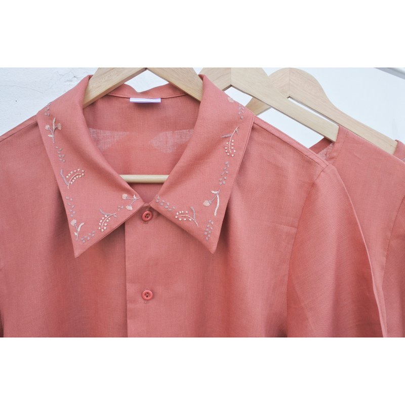 Embroidery | Linen | Terracotta Cropped Shirt - Women's Shirts - Cotton & Hemp Red