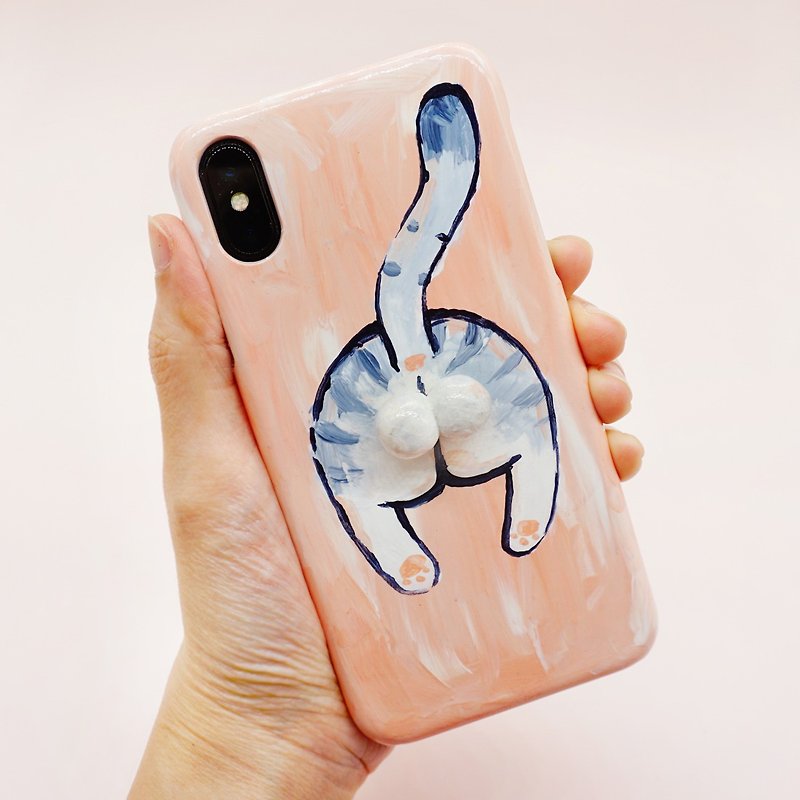 Hand-painted gray tabby cat butt mobile phone case cover gift for cat lover - Phone Accessories - Clay Pink
